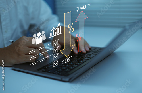 Businessman working analytics and cost optimization concept with quality improvement strategy, KPI metrics performance growth charts, checklist management on laptop enhancing productivity efficiency