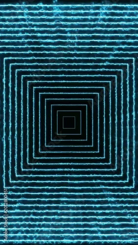Cyan electric energy squares tunnel effect on black. Cyan electric energy squares concentric pattern. Vibrant glowing neon blue lines animation.