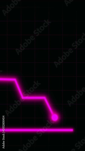 Neon pink line graph showing steep downward trend. Neon pink line graph chart animation. Purple line graph depicting downward trend on grid.