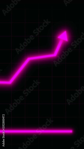 Neon pink line graph illustrating steady upward trend. Neon pink line graph chart animation. Purple line graph depicting upward trend on grid.