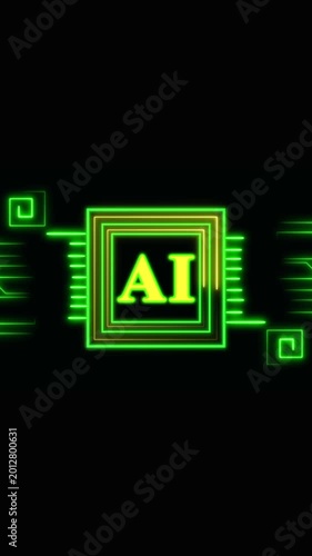 Glowing neon green AI symbol with circuit design. Glowing neon green AI symbol artificial intelligence. AI text logo animation on black background.
