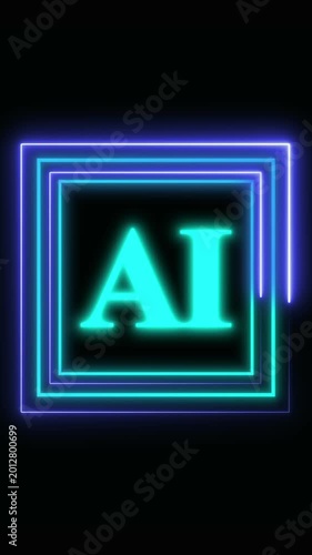AI text logo with double neon blue and purple borders. AI text logo artificial intelligence symbol. AI text logo animation on black background.