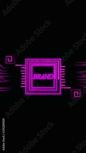 Magenta neon BRAND symbol with electric circuit design. Magenta neon BRAND symbol marketing icon. BRAND text logo animation on black background.