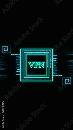 Cyan neon VPN symbol with electric circuit design. Cyan neon VPN symbol virtual private network. VPN text logo animation on black background.