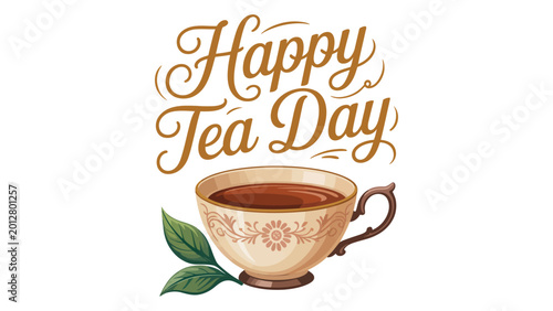 Bild auf Leinwand happy tea day vintage teacup illustration with elegant typography and green leav