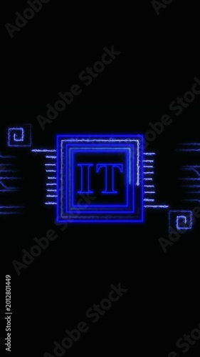 Blue neon IT symbol with electric circuit design. Blue neon IT symbol information technology. IT text logo animation on black background.
