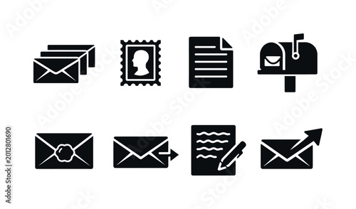 Postal correspondence. Filled icon set of postal correspondence: envelope stack, postage stamp, letter paper,