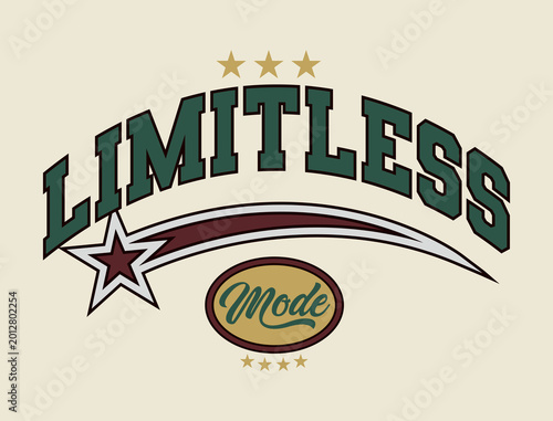 Limitless Mode Retro Varsity Typography Design for Apparel. Vintage style for streetwear, t-shirt prints, labels, hoodies, and retro-themed apparel designs.