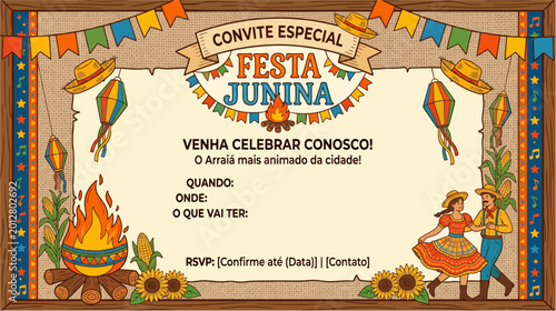 Brazilian Festa Junina invitation design template, colorful and festive