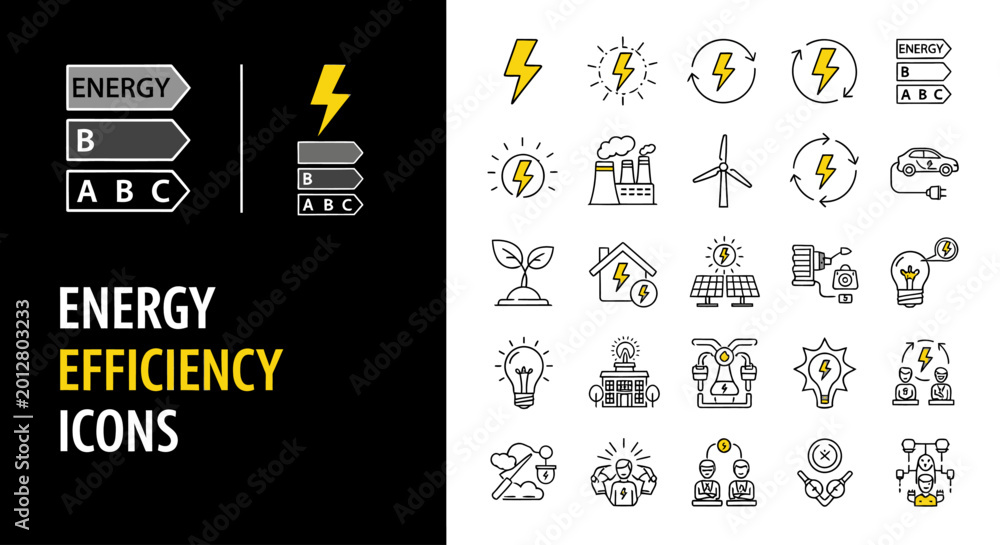 Fototapeta premium Comprehensive set of modern vector line icons illustrating energy efficiency, sustainable power sources, and eco-friendly technology concepts