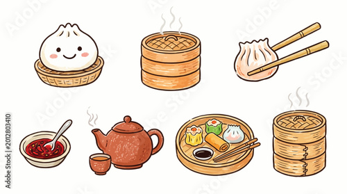 Fotografía A charming collection of cute, hand-drawn illustrations depicting various elements of traditional Chinese dim sum cuisine, including steaming baskets, dumplings, tea sets, and dipping sauces