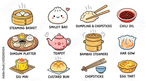 Canvas Print A charming and colorful collection of cute cartoon illustrations depicting various delicious Asian food items and related culinary elements, presented in a grid layout