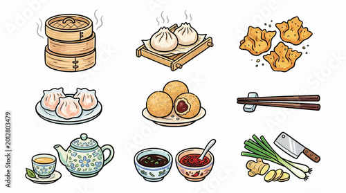 Schilderij op canvas A vibrant collection of Chinese dim sum dishes and accompaniments, including steamed buns, dumplings, fried wontons, tea, and dipping sauces, presented in a top-down illustration