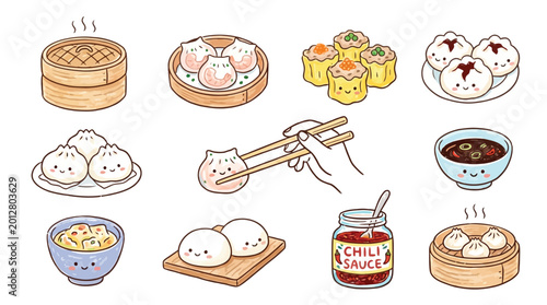 Tableau sur toile A charming collection of kawaii-style dumplings and dim sum dishes, presented in a delightful and whimsical illustration
