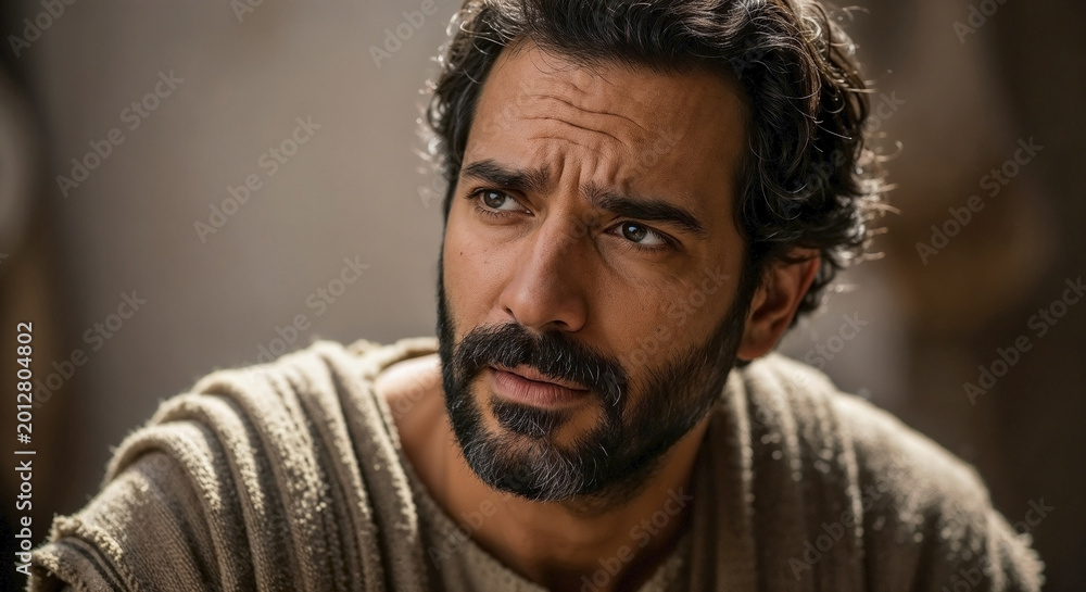 Fototapeta premium Concerned young man in striped biblical robe looking upward with serious expression in dramatic outdoor light. This portrayal emphasizes deep thoughts and reflective mood in sacred atmosphere.