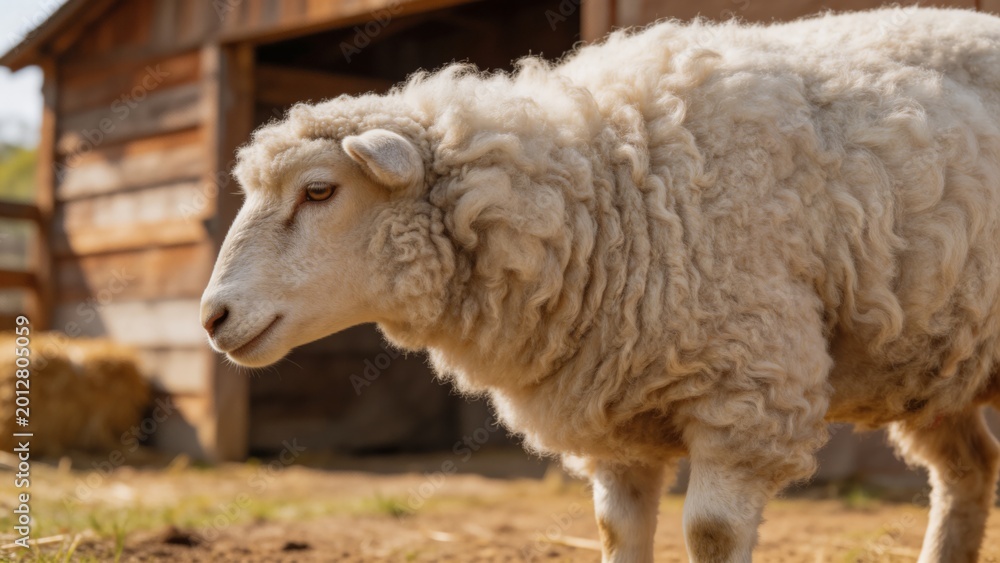 Fototapeta premium A white sheep with fluffy wool stands in a rural setting with a wooden barn in the background on a sunny day, surrounded by grass and hay bales.