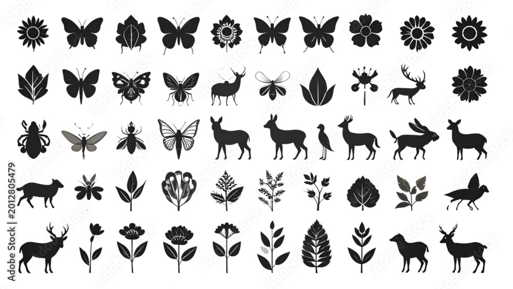 Obraz premium Nature and wildlife silhouette icon set. flowers, insects, animals silhouette collection