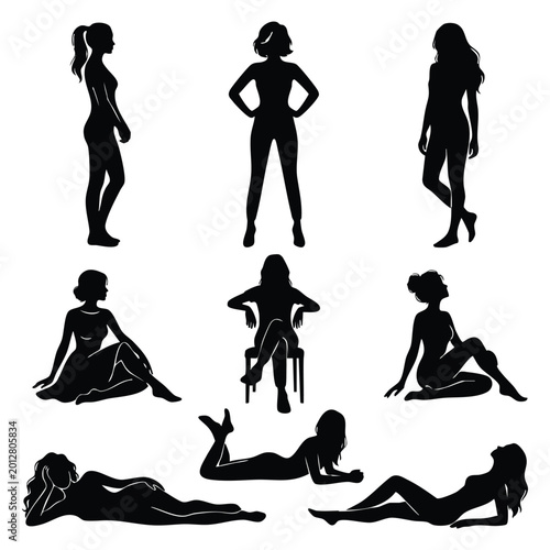 Silhouettes set of beautiful sexy women various lying, sitting and standing poses on white background.