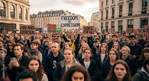 Large Crowd Demonstrating for Freedom of Expression in City Center.