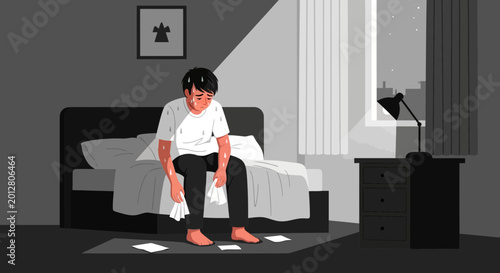 A Person, Displaying Extreme Emotions Sitting On a Bed In Their Dark Room Scene