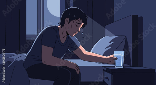 A Person, Feeling Hot, Reaches For Water While Illuminated By Moonlight In Bedroom