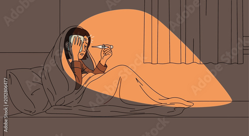 A Person, Feeling Ill, Checking Temperature While Resting on Bed Under Blanket
