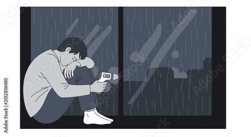 A Person, Feeling Ill, Measures Temperature While Watching The Rain Outside