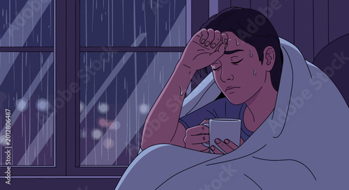 A Person, Feeling Ill, Wrapped In a Blanket, Holding a Mug, Looks Overcast Outside