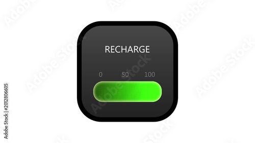 Recharge progress bar animation with green glowing indicator and numerical scale 0 to 100 displaying energy level status for technology and power concepts