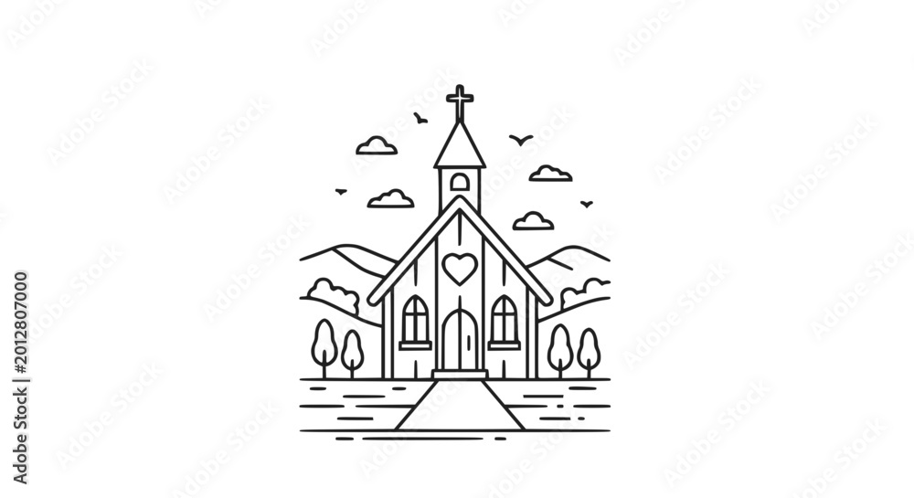 Naklejka premium Minimalist Line Art Church Building with Cross and Heart Symbol