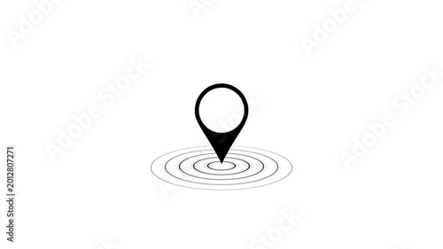 Black location pin with concentric circles on white background representing navigation destination pinpointing and geographical search concept