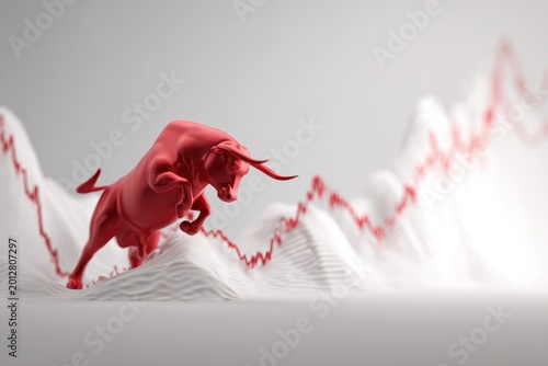 Bullish Market Surge: A striking red bull symbolizes market growth, charging powerfully over a dynamic graph, capturing the essence of financial optimism and rising trends.