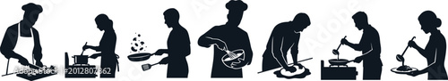 Cooking and food preparation silhouette collection featuring chefs and home cooks performing various kitchen culinary activities