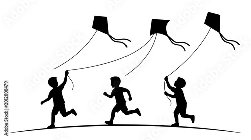 Cuadro en lienzo Minimal black silhouette children running with kites vector illustration for edu