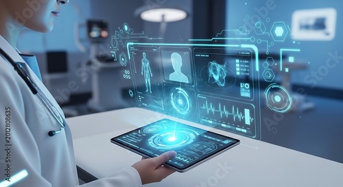 Futuristic Doctor Analyzing Digital Health Data on Tablet in Clinical Lab