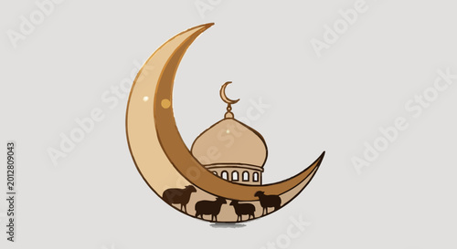 Elegant graphic of a golden crescent moon, mosque, and sheep, embodying themes of spiritual tradition and communal festivity for various occasions