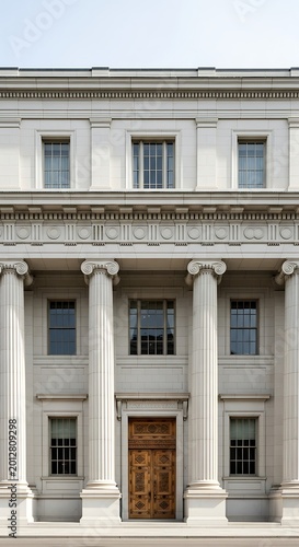 Neoclassical Building Facade with Grand Pillars and Wooden Door.