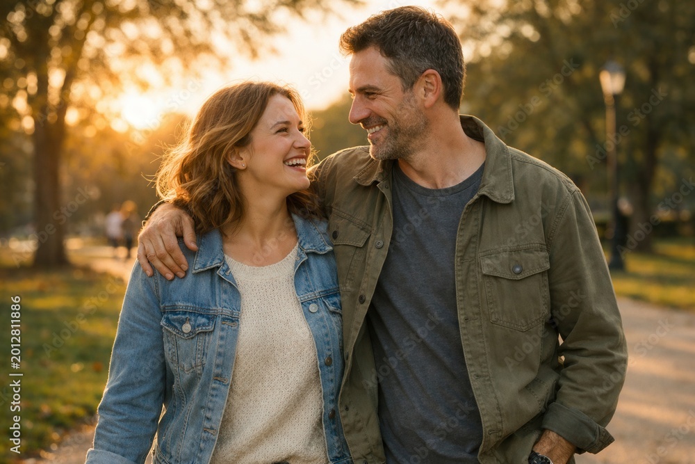 Fototapeta premium Happy couple walking in park at sunset smiling and enjoying time together romantic lifestyle moment