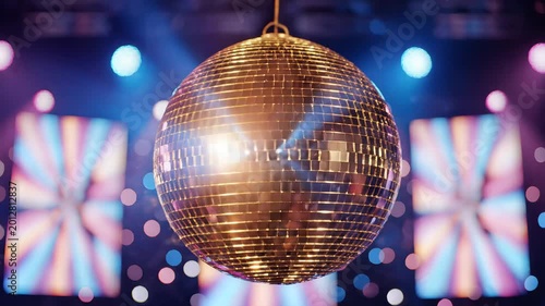 Disco Ball Spinning Under Colorful Stage Lights at Nightclub Party.