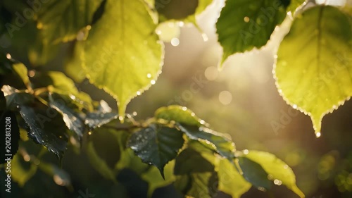 Sunlight filtering through lush green leaves on a tree branch 1.