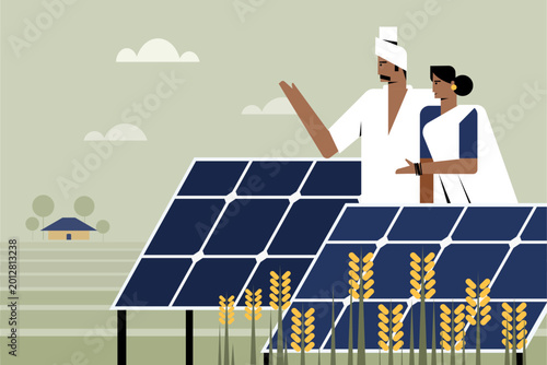 Indian farmer couple standing beside solar panels in an agricultural field, representing sustainable farming, renewable energy, and rural development