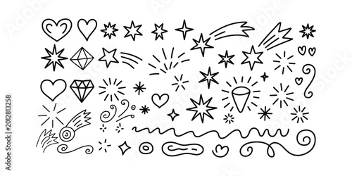 Billede på lærred Black and white doodle stars hearts sparkles vector illustration isolated on white background