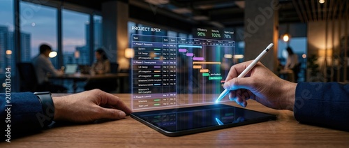 Project management progress tracking modern office setting digital interface professional environment close-up view data visualization for effective team collaboration