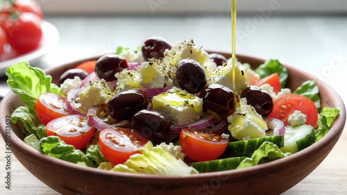 Fresh Greek Salad Being Dressed with Olive Oil.
