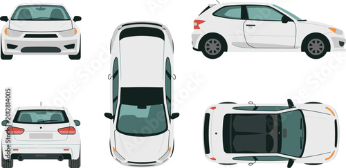 Bild auf Leinwand Modern White Hatchback Car Vector Template with Front Side Rear and Top View Ort