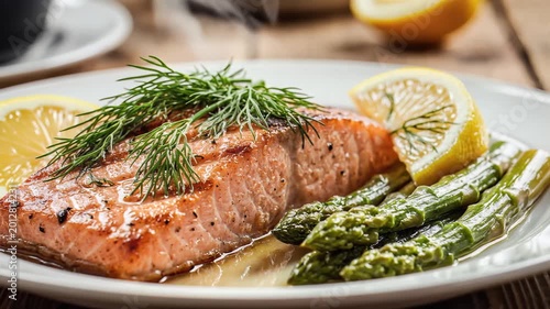 Delicious Grilled Salmon with Asparagus and Lemon.