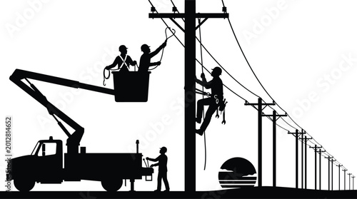 Photos Electrical utility workers repairing power lines from bucket truck on utility po