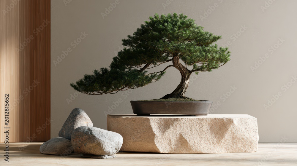 Obraz premium Beautiful Bonsai Tree in a Modern Minimalist Interior with Natural Stone Elements