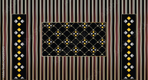 Elegant black and gold striped background with geometric diamond patterns and royal crown motifs inside rectangular frame borders.