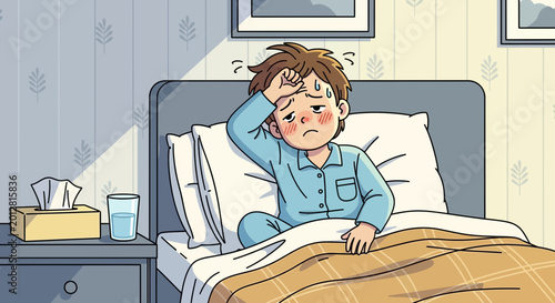 A Sick Child In Bed With A Worrying Expression Suffering From Fever, Feeling Ill